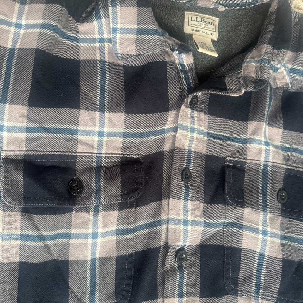 LL Bean Fleece Lined Flannel Plaid Button Up Shirt Jacket Shacket Large Tall - Picture 8 of 11